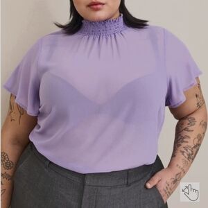 Chiffon Mock Neck Flutter Sleeve Top